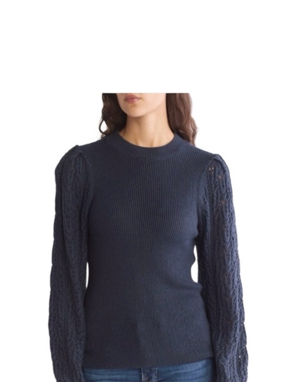 Splendid Navy Cable-Puff Sleeve Crew Sweater